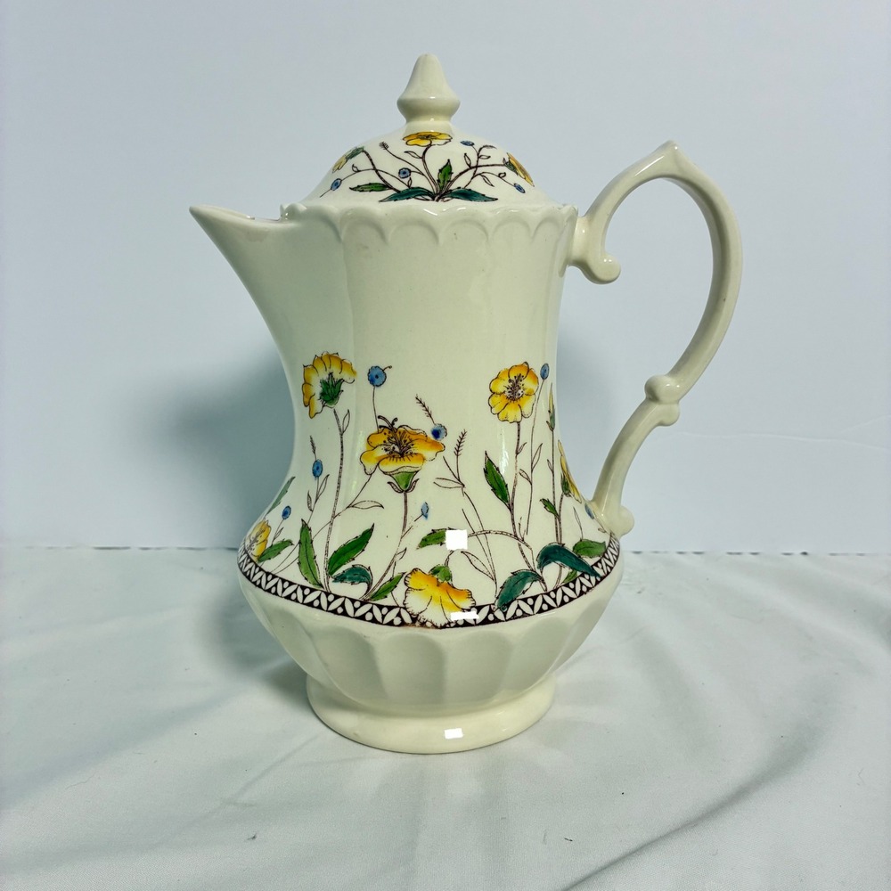 Vtg Vernon Kilns Coffee Pot Hibiscus Pattern Floral Cottage Luxury